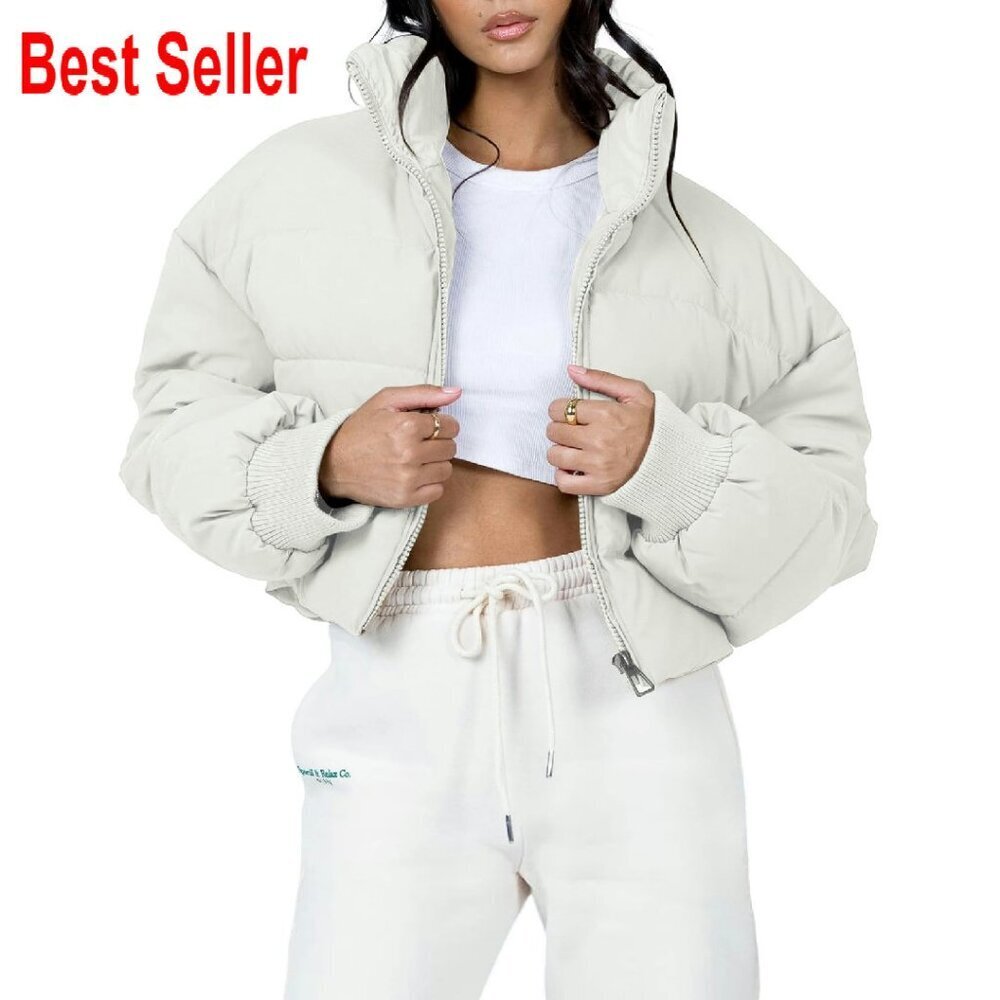 Cropped Puffer Jacket Lightweight Quilted Oversized Stand Collar Chic Winter